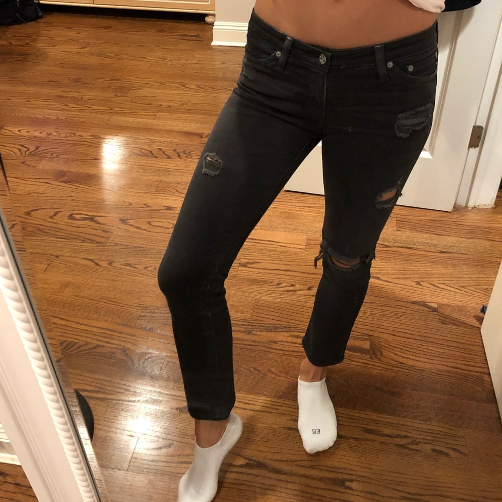 AG straight leg ankle length ripped jeans